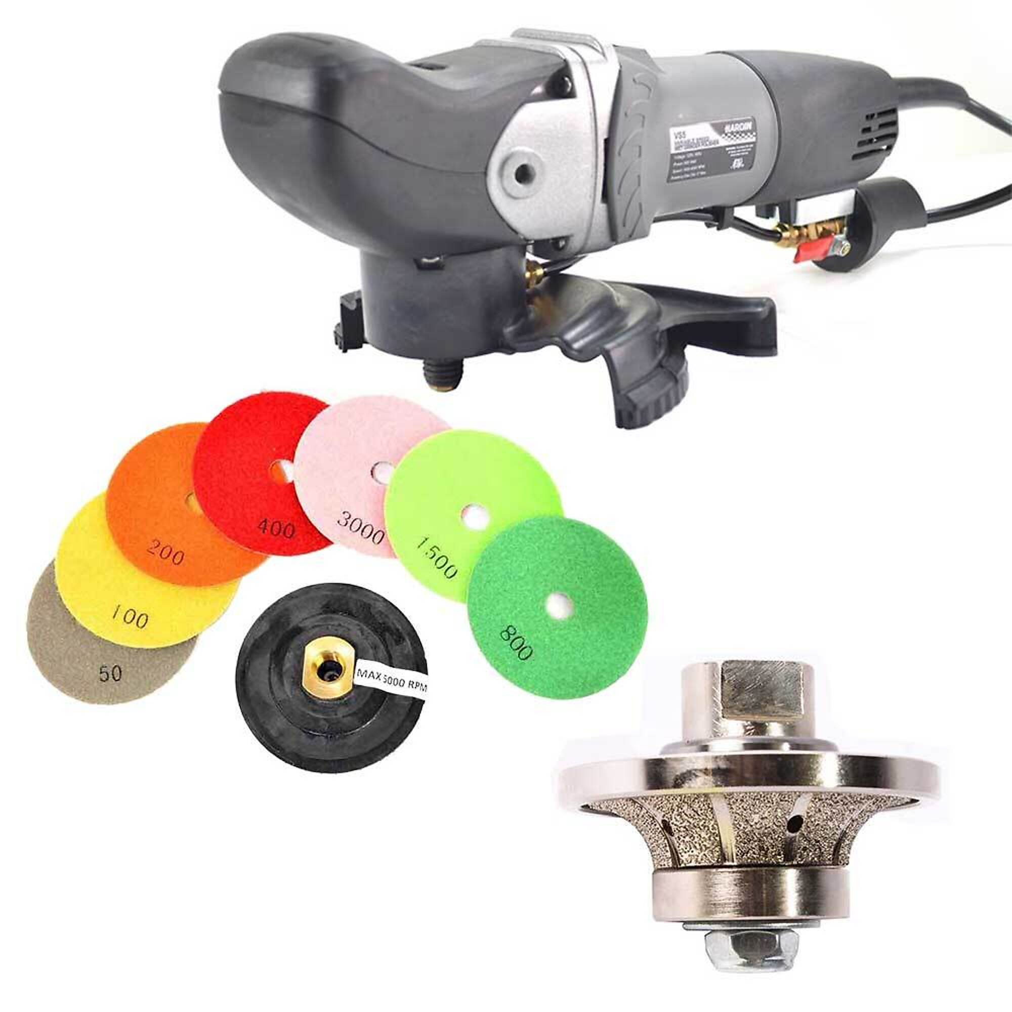 Hardin GH38WVPOLSET VS5 Variable Speed Wet Grinder Polisher, 3/8 Inch Radius Diamond Profile Wheel and 8 pc 4 Inch Diamond Polishing Pad Set